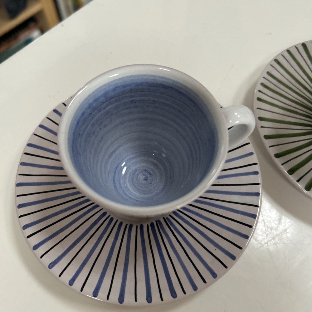 Pinstriped Cups & Saucers Set Of 3 Plus 3 Cups