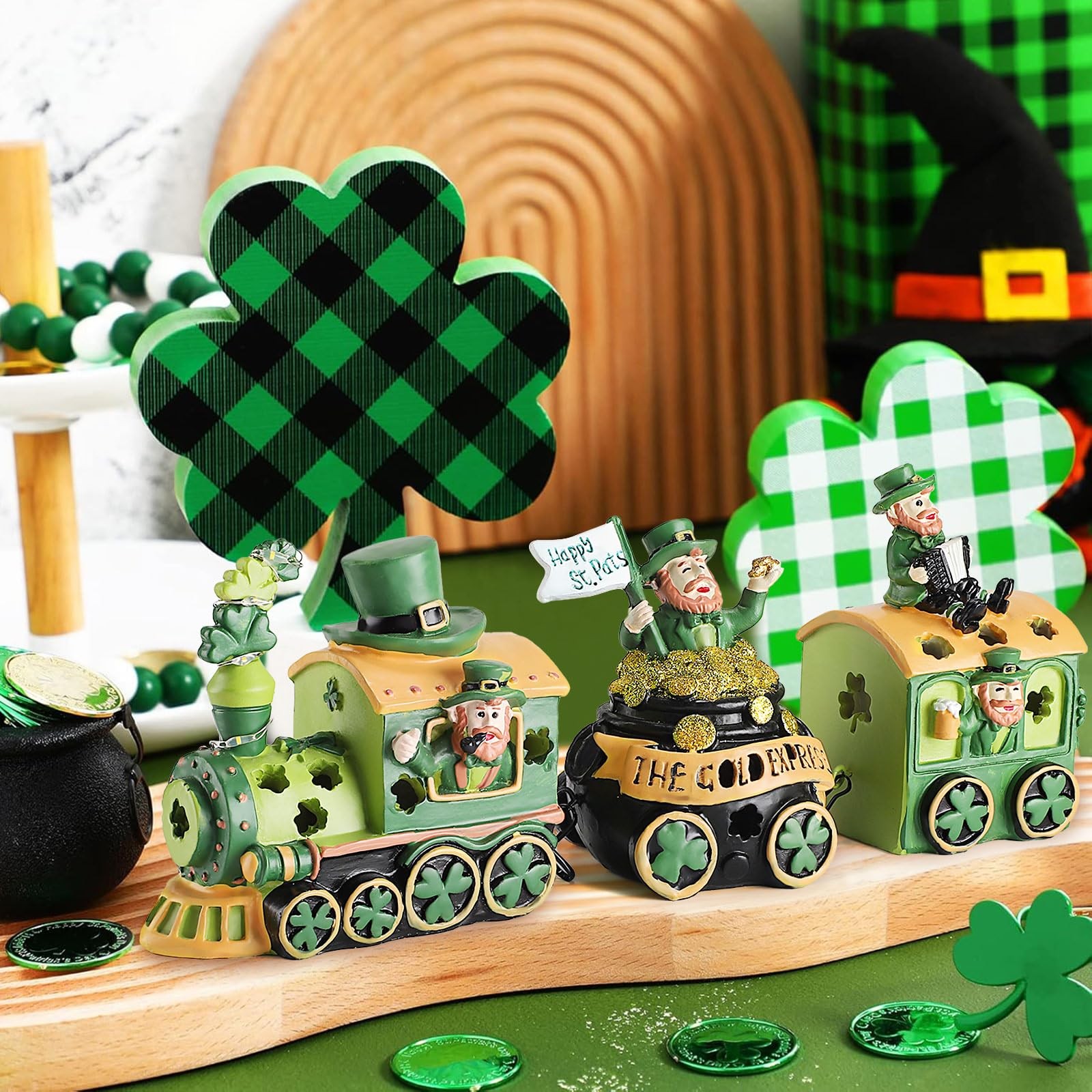 St Patricks Day Decorations Train for Home, Lighted Leprechaun Figurine Train...