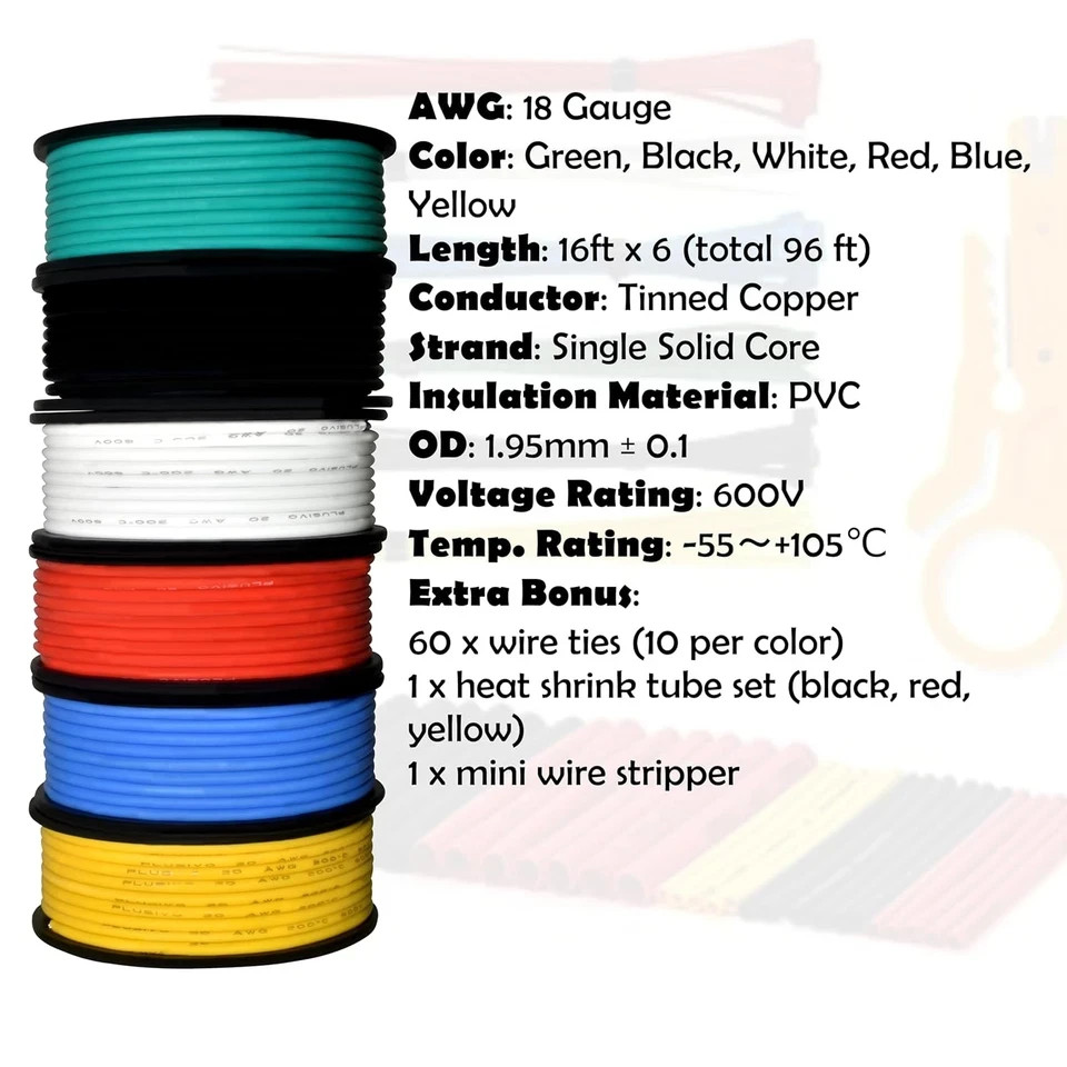 18 AWG Solid Core Hookup Wire Kit – 18 Gauge Copper Pre-Tinned PVC Coated 16Ft