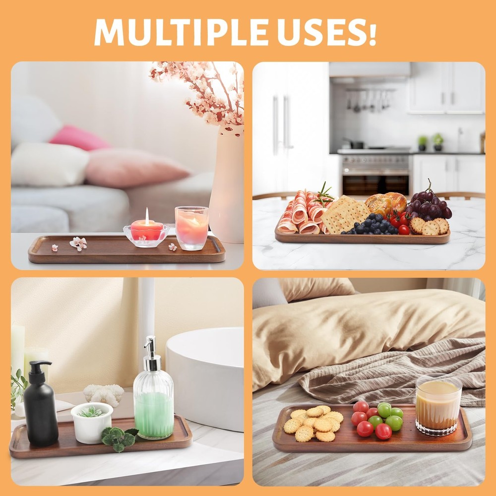 Solid Acacia Wood Serving Tray - 3 Pack, 14 x 5.5 Rectangular Wooden Serving Pla