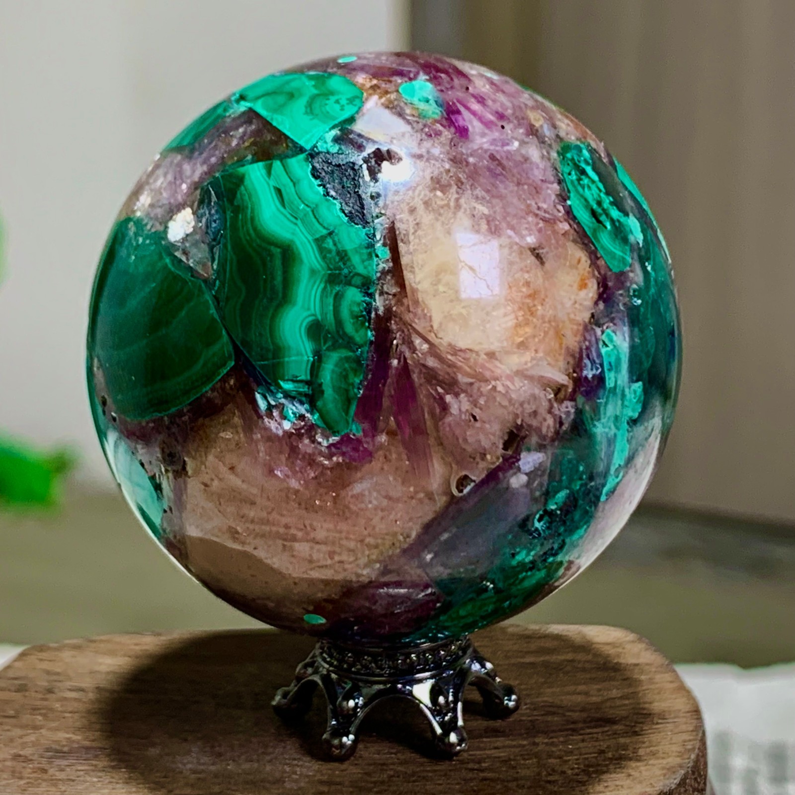 108G Newly discovered rare malachite purple mica symbiotic sphere restoration