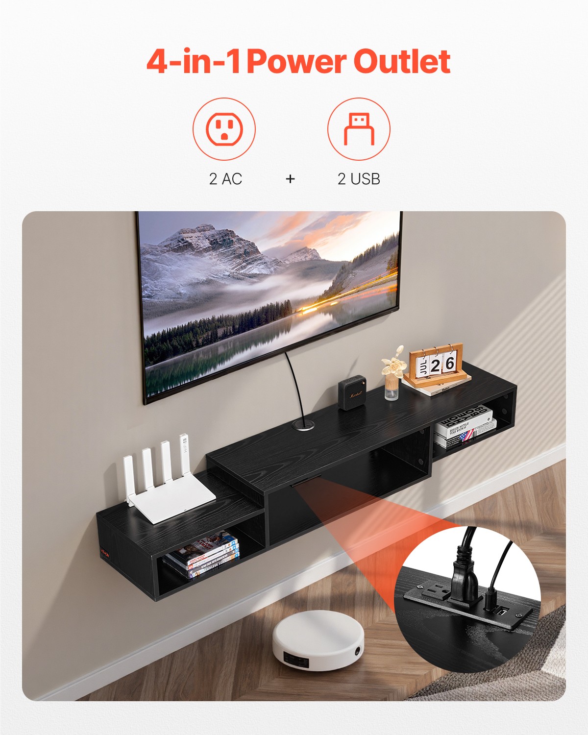 Floating TV Stand 59" Entertainment Center Power Outlet & Cable Hole Black