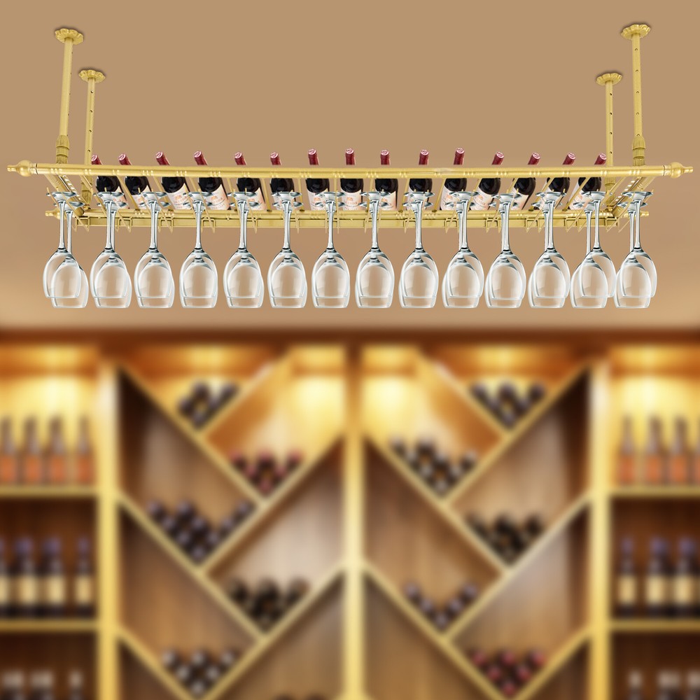 60" Rustic Bar Floating Shelf, Ceiling Mounted Hanging Wine Rack Bottle Holder