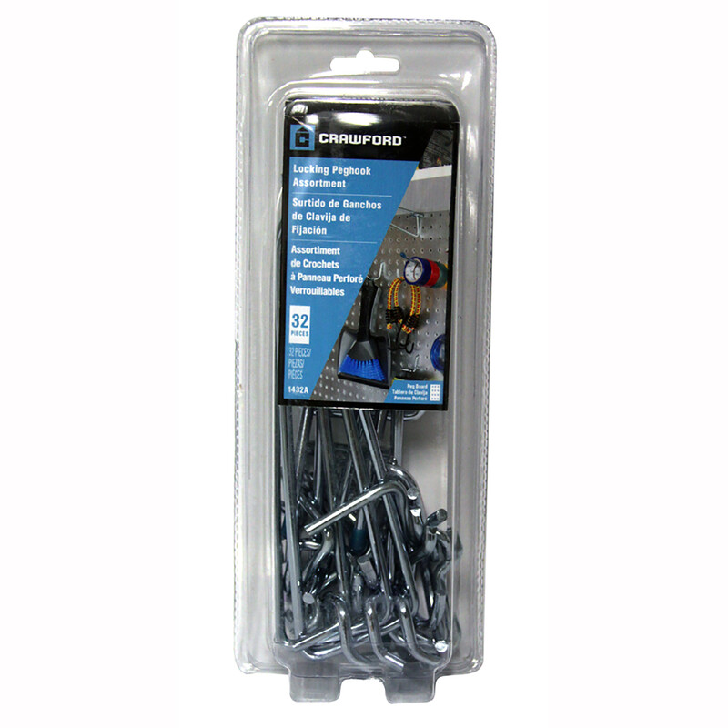 Crawford LOCKING PEG HOOK Assortment 32 pc Medium Duty 1/4" Pegboards 1432A NEW!