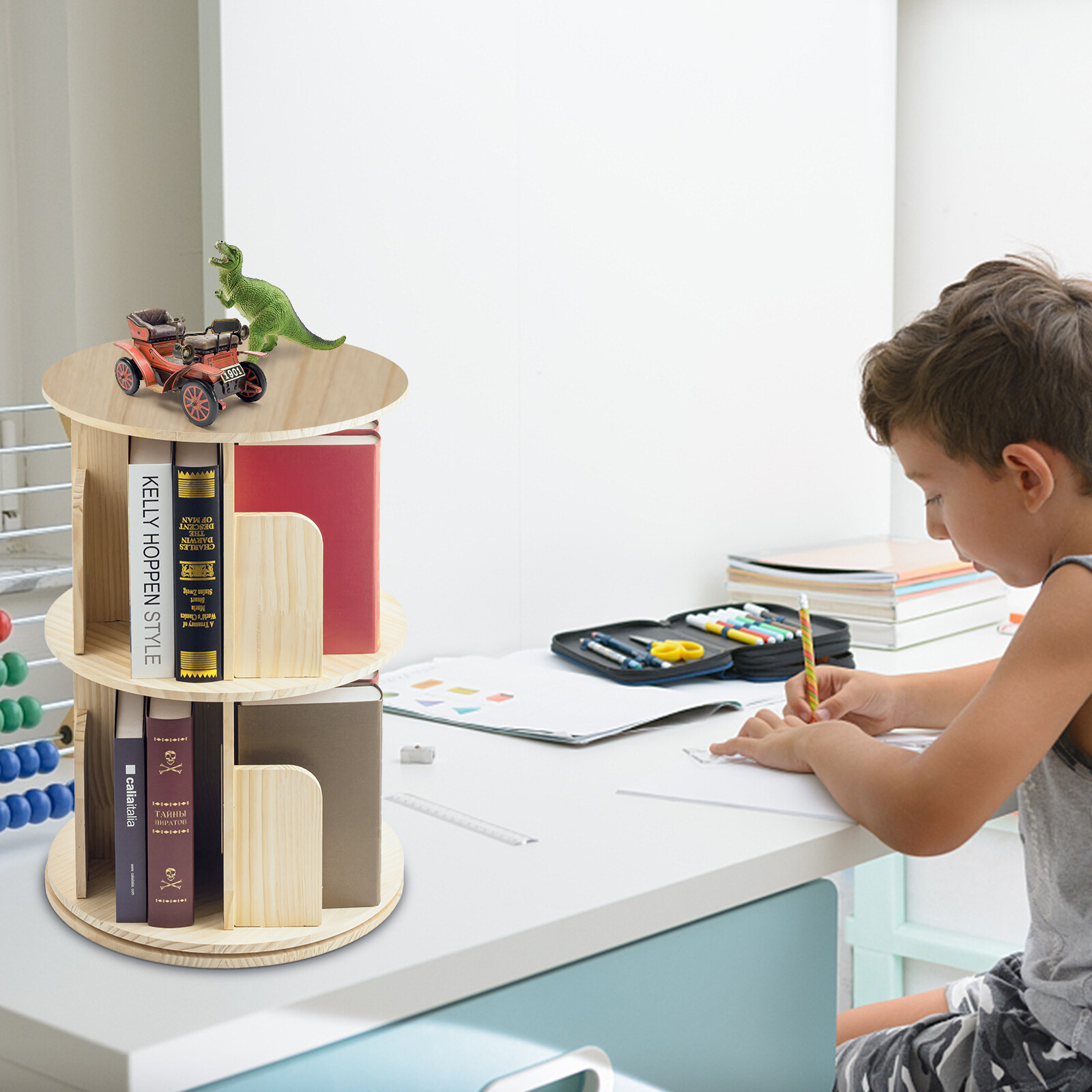 4 Tier 360° Rotating Bookshelf Bookcase Storage Shelf Freestanding Display Rack