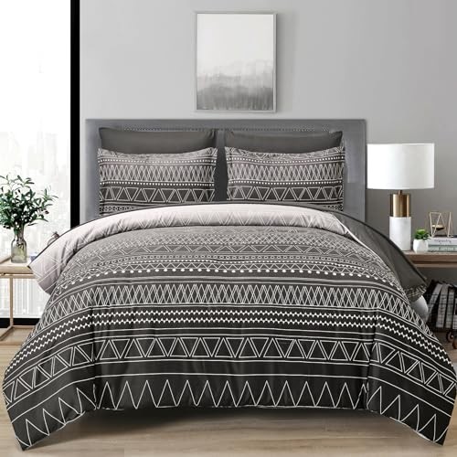 Boho Comforter Set Queen Size 7 Piece Stripe Gradient Queen 90“×90” Black Grey