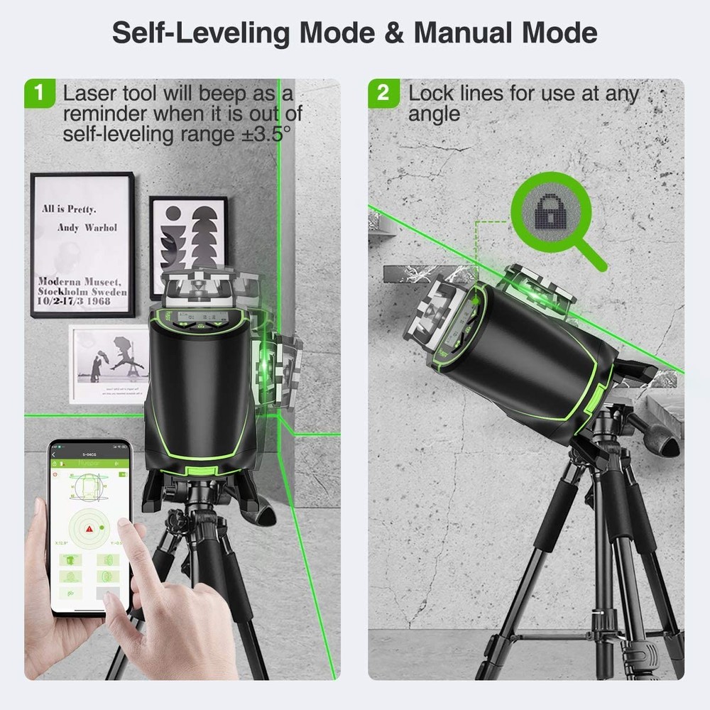 Huepar 4D Laser Self-Leveling Laser Level & LCD Screen Remote Control+Receiver
