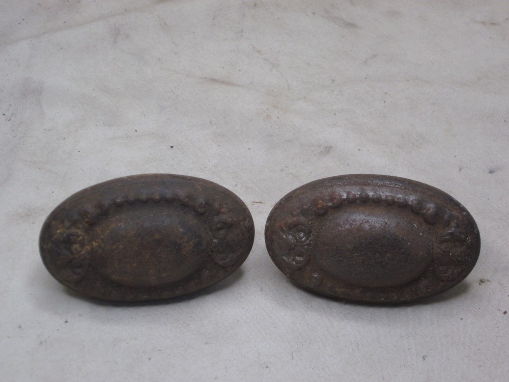 2 ornate antique oval door handles knobs rusty old knob handle pair