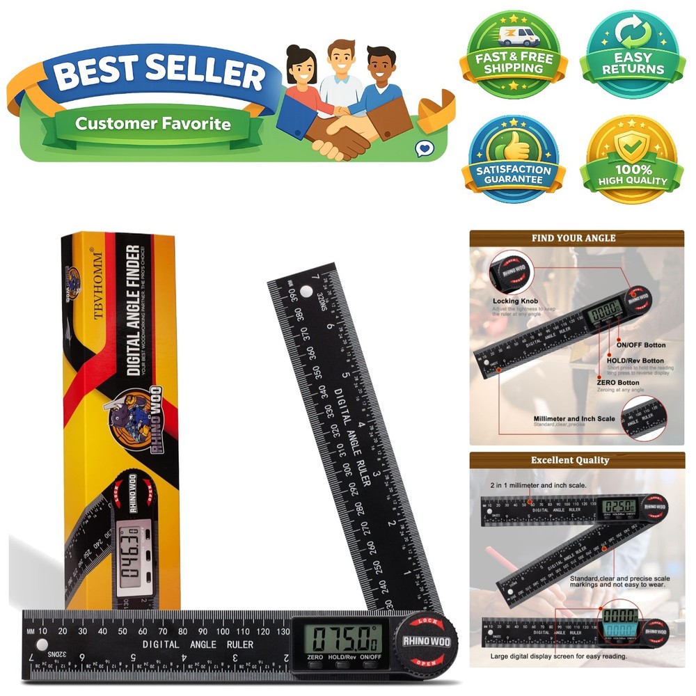 Enhanced ABS Angle Finder Protractor - Readable LCD Display & Batteries Included