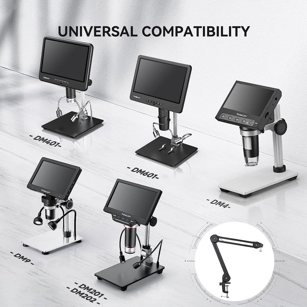 TOMLOV Flexible Arm for Digital Microscope Adjustable Stand + 144 LED Ring Lamp