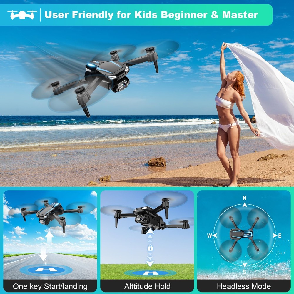 1080P FPV Foldable Camera Drone Brushless RC Quadcopter 2 Batteries Hover