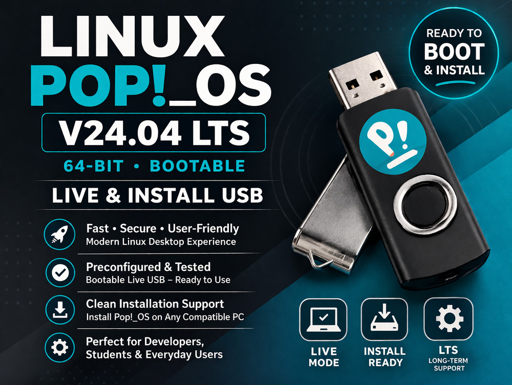 Linux Pop OS V24.04 LTS 64-bit Bootable Live, Install USB Flash Drive + Guide
