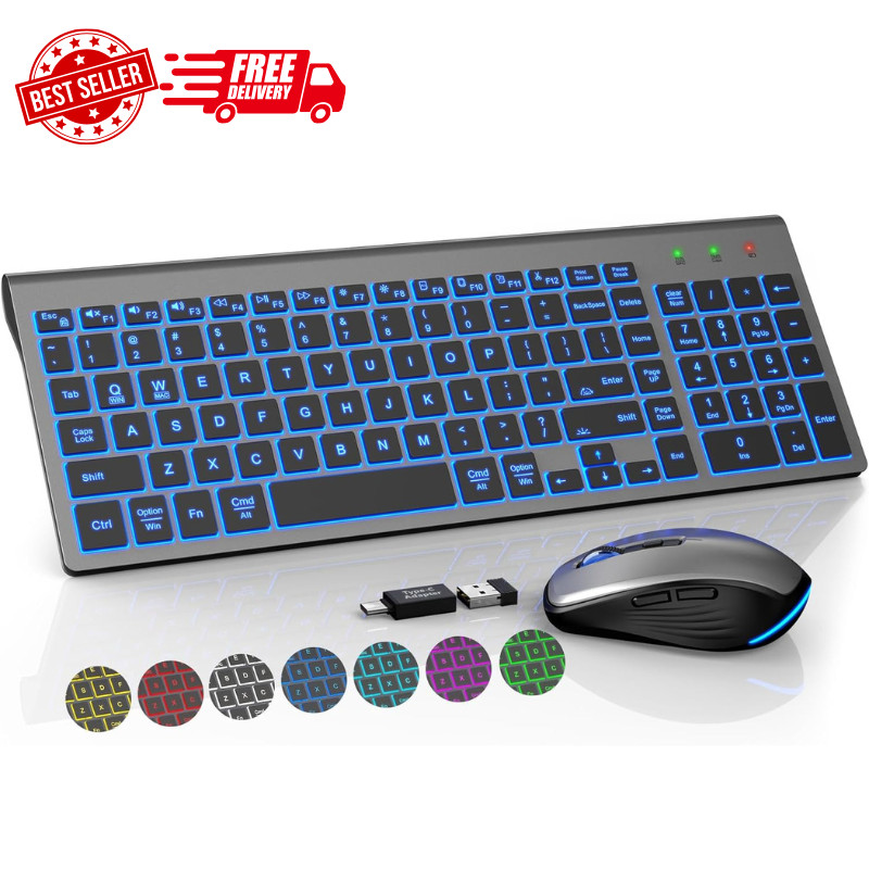 Wireless Keyboard and Mouse Combo Backlit - Compact Quiet Keyboard with RGB M...
