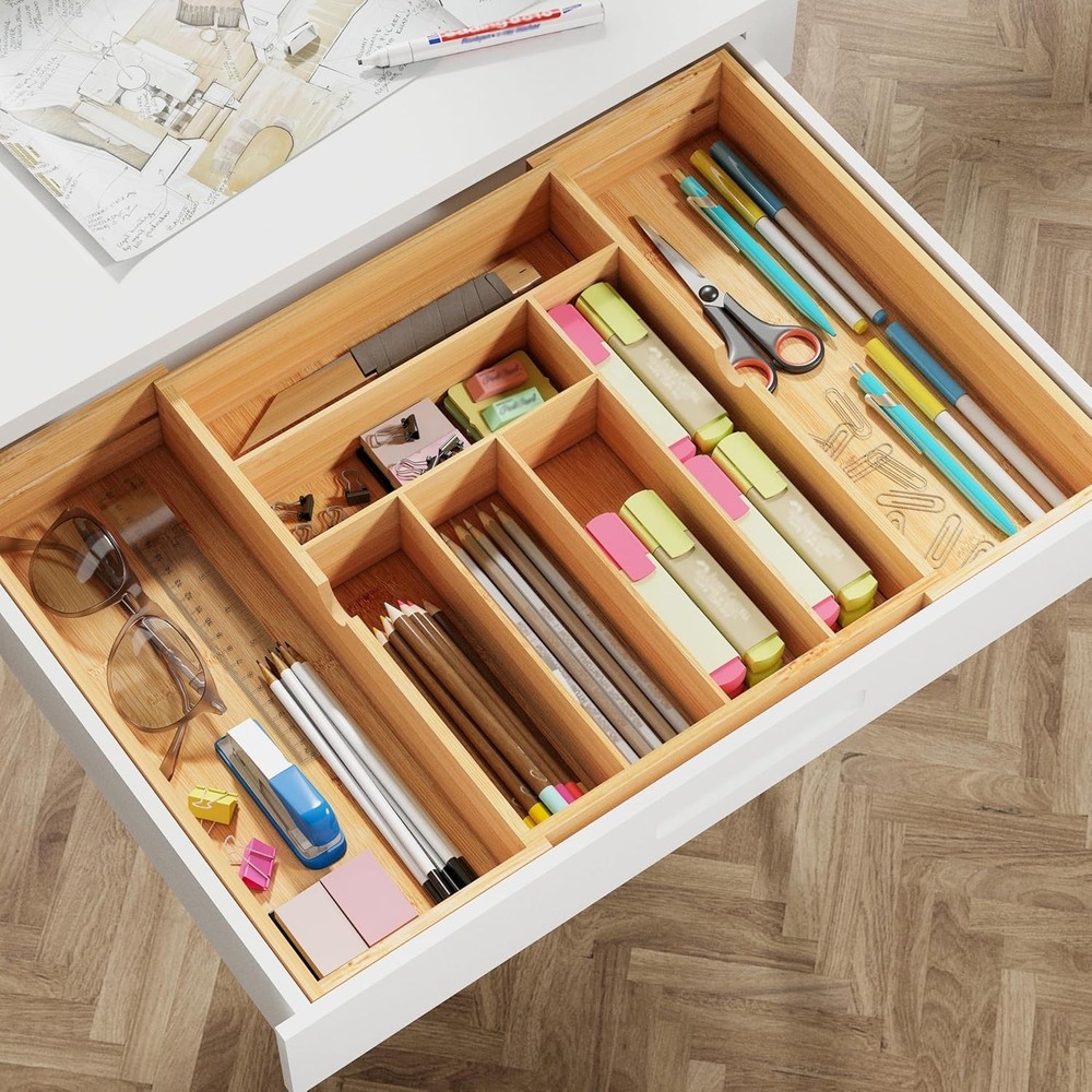 Elegant Bamboo Silverware Organizer - 3" Deep, 8-Cmp Multi-Functional Design