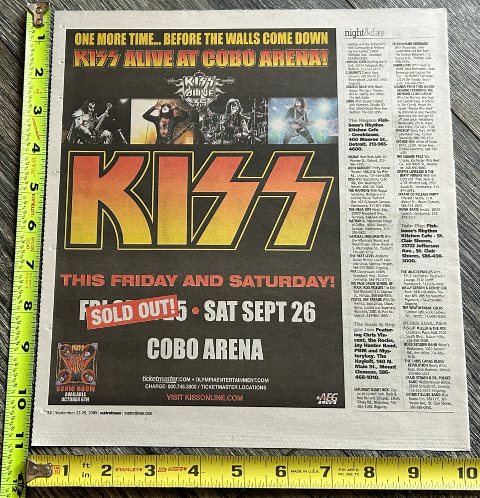 KISS Concert Ad Alive 35 Tour Cobo Detroit Sept 25 26 Sold Out 2009 Vintage Kiss