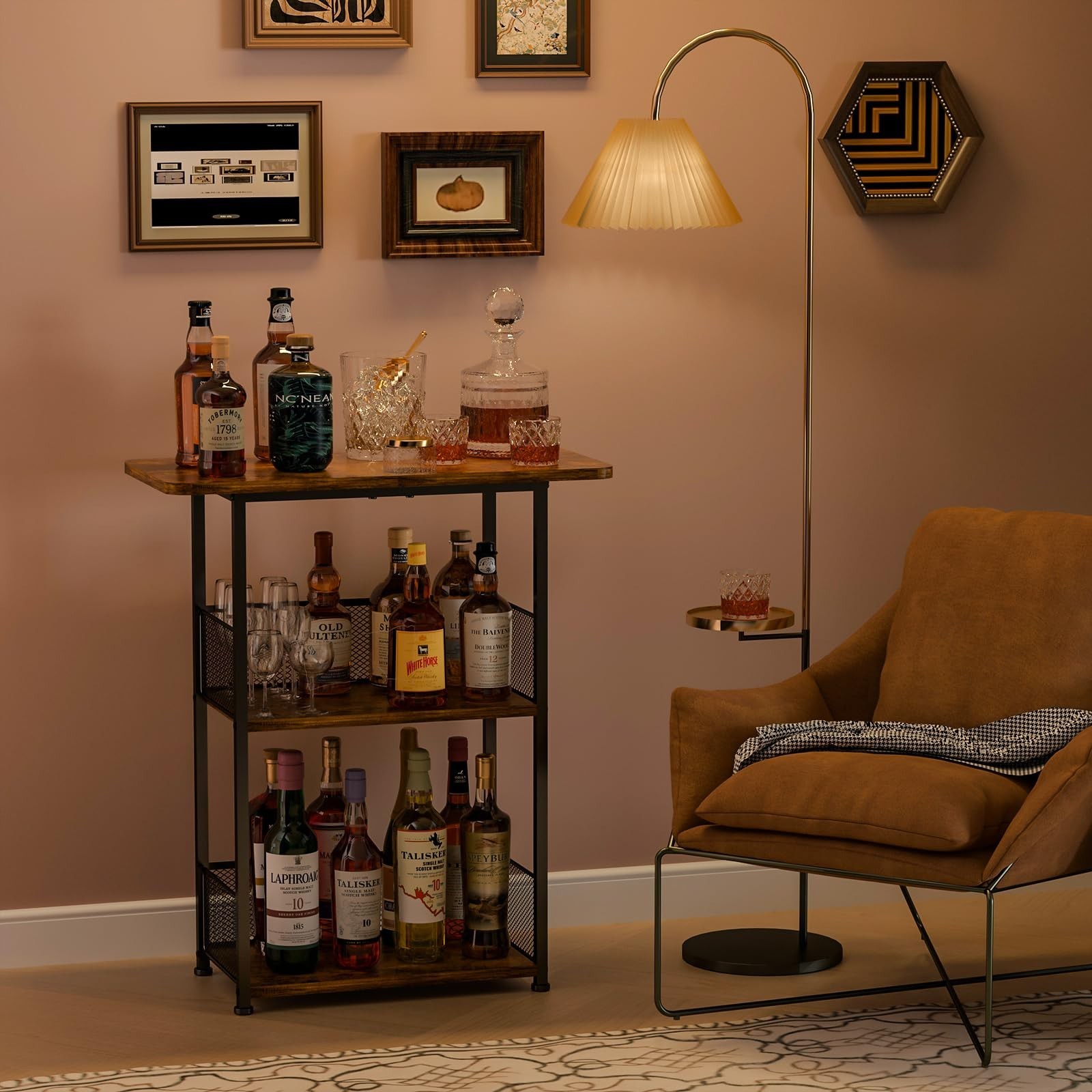 Floor Standing Freestanding Whiskey Rack: 3 Tier Wine Rack Mini Bar Table Cor...