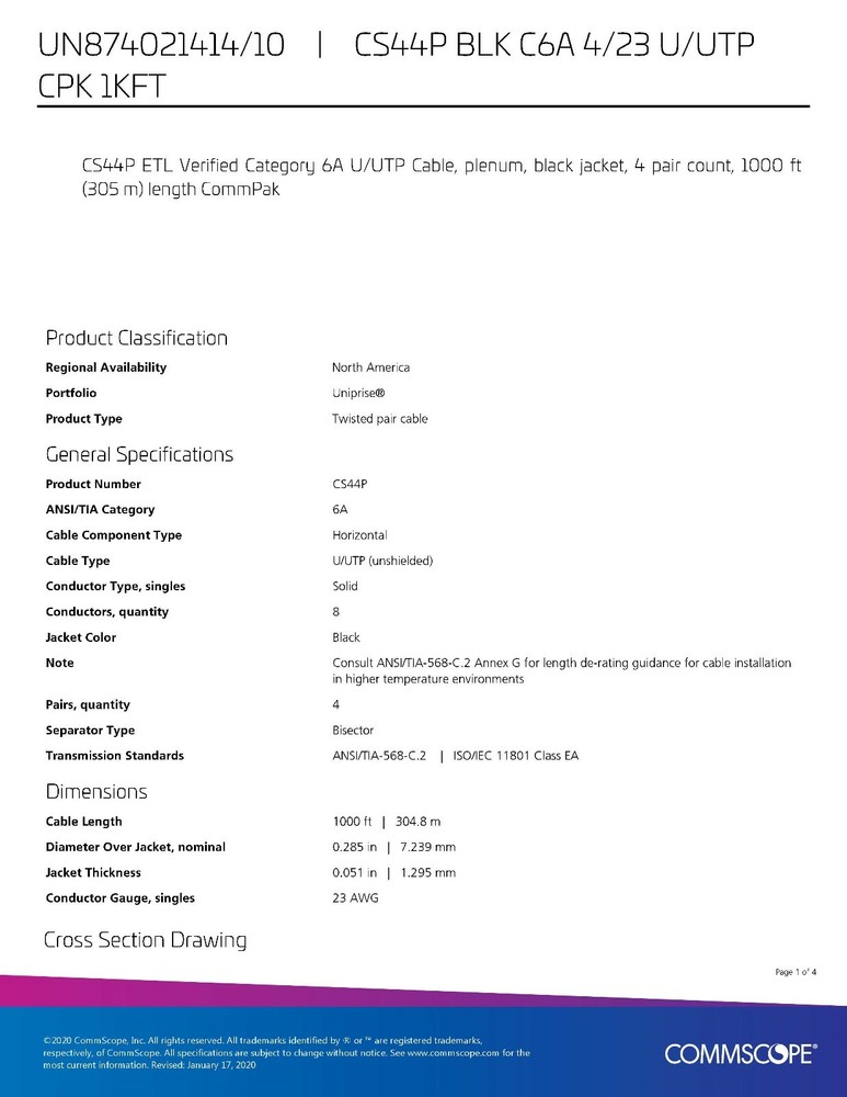 Commscope CS44P Cat6A U/UTP Network Ethernet 10G 10Gig Cable Plenum Black /50ft