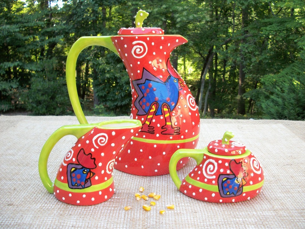 Whimsical Roaster Ceramic Tea /Coffee Set By N.C. Artist