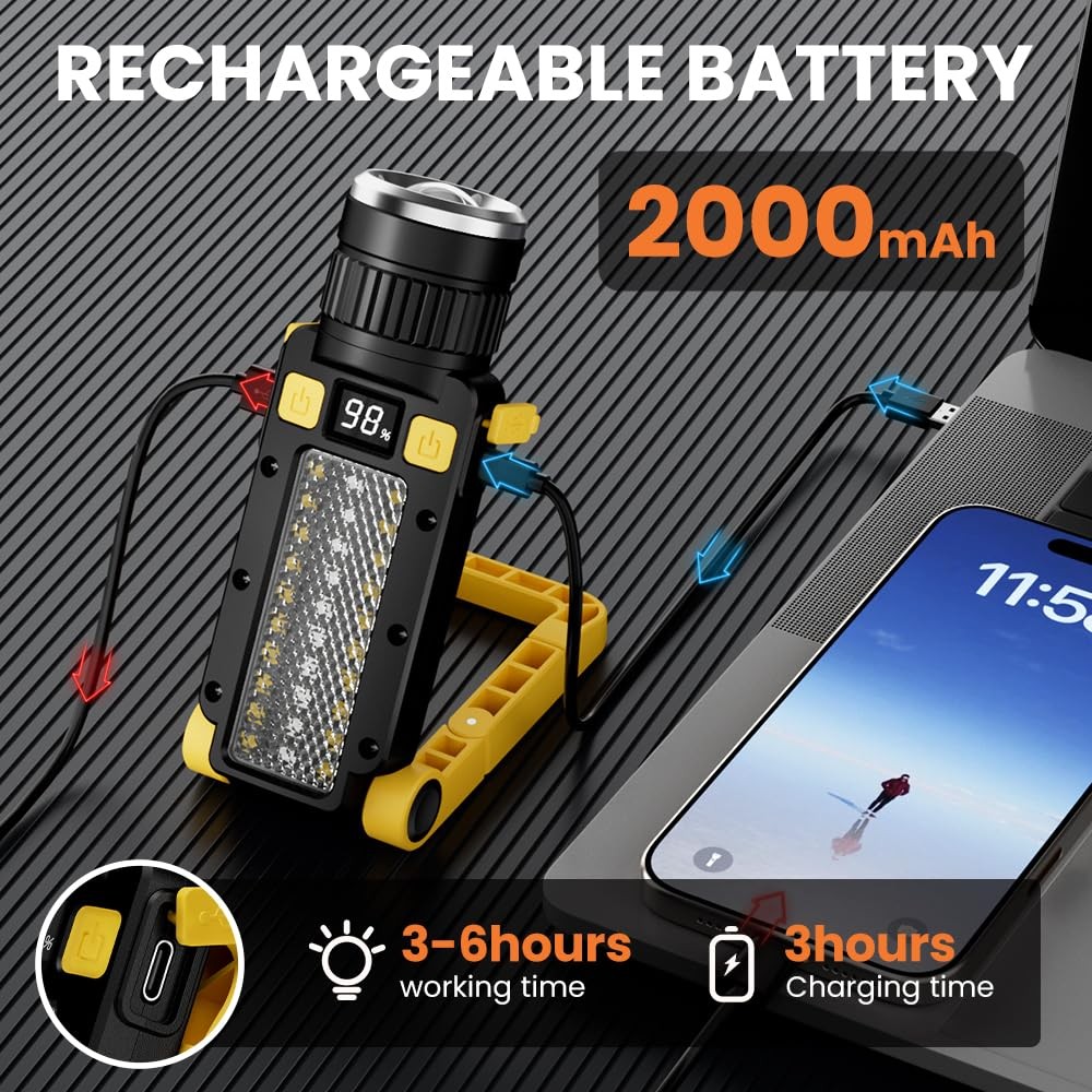Rechargeable LED Magnetic Work Light, Portable Work Lights, 7 Flashlight Mode...