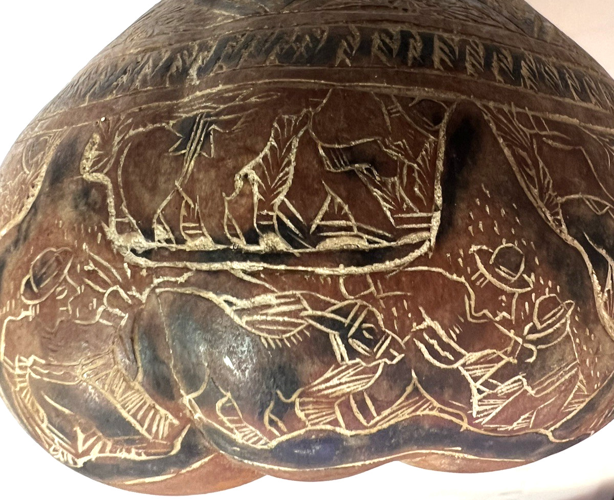 VTG Peruvian Hand Carved Etched Gourd Mate Burilado Storyteller Folk Art 3.5"