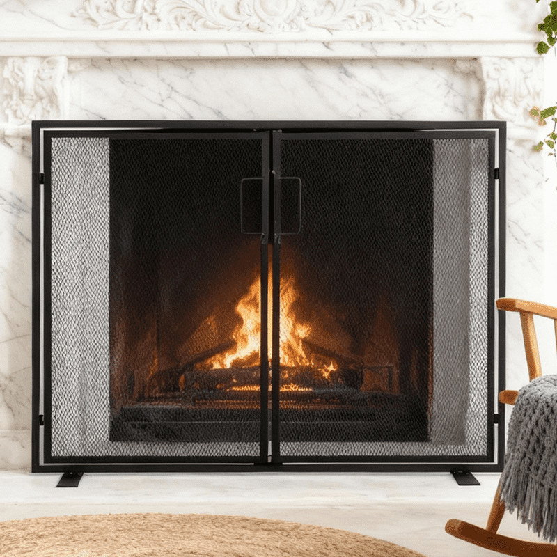 39" Fireplace Screen with Hinged Doors, 2 Panel Spark Guard Cover