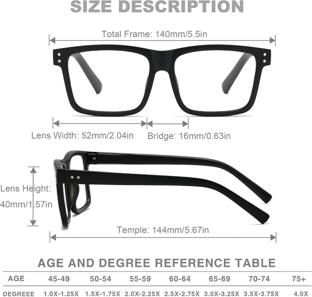 Reading Glasses for Men - 4 Pack Classic Square TR Frame Readers with Spring Hin