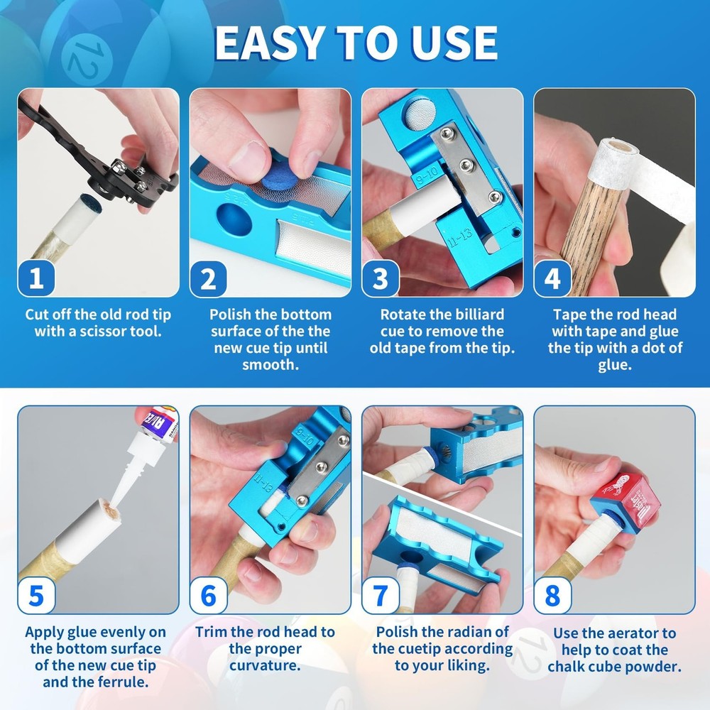 Pool Cue Tip Shaper, Pool cue Tips Replacement kit, Billiards Accessories Too...