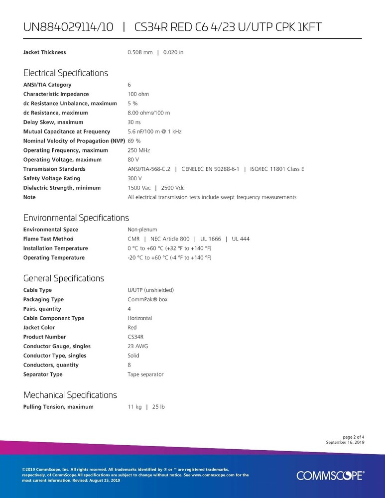 Commscope CS34R 23/4P Cat6 U/UTP WebTrak Riser Network Ethernet Cable Red /100ft