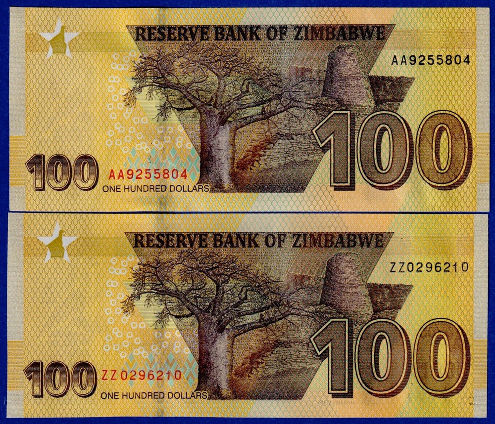 ZIMBABWE $100 (2020 / 2022 ) SET - REGULAR (AA) +  REPLACEMENT (ZZ) aUNC Notes