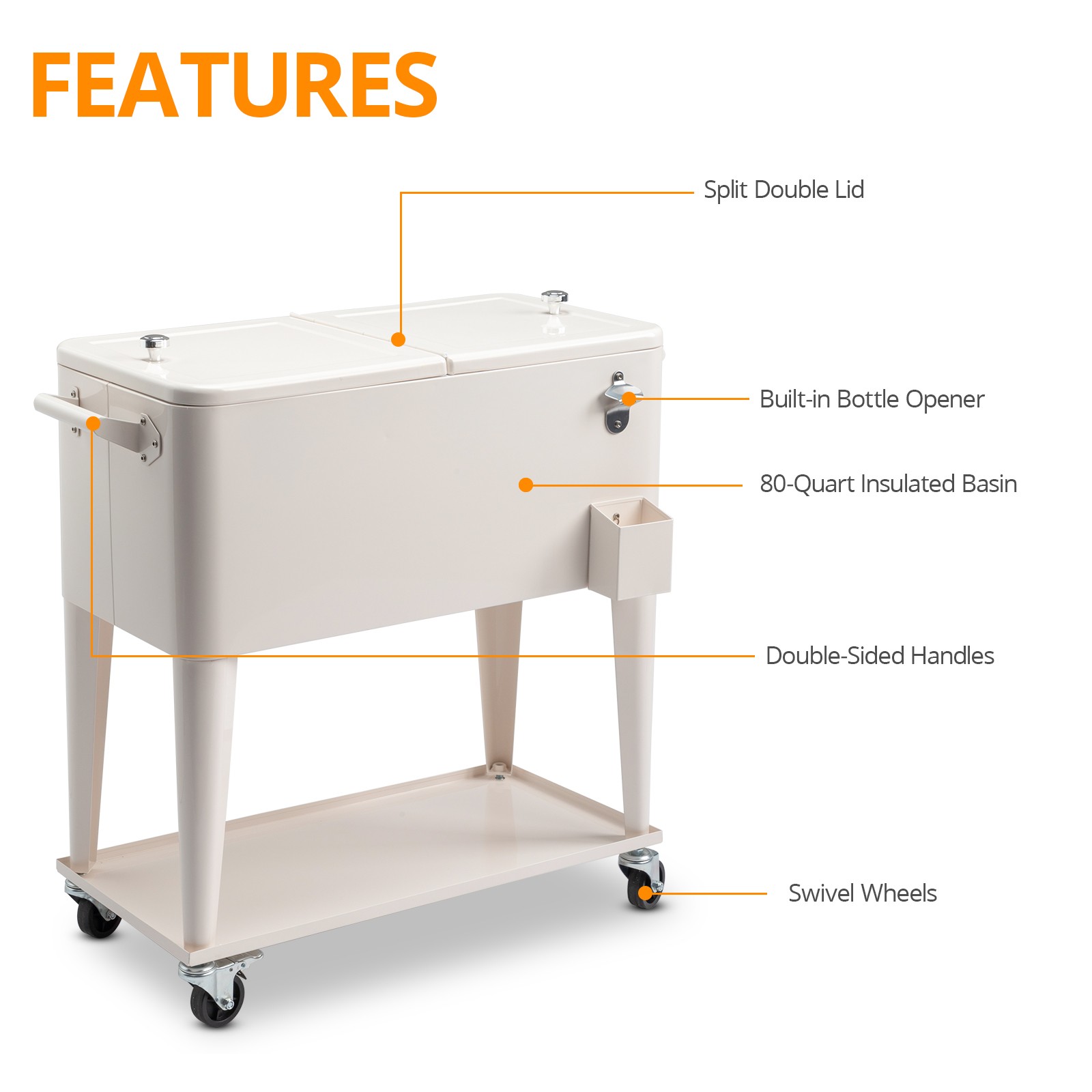 New Style 80 Quart Rolling Cooler Cart With 4 Wheels Beverage Cart Keep Warm