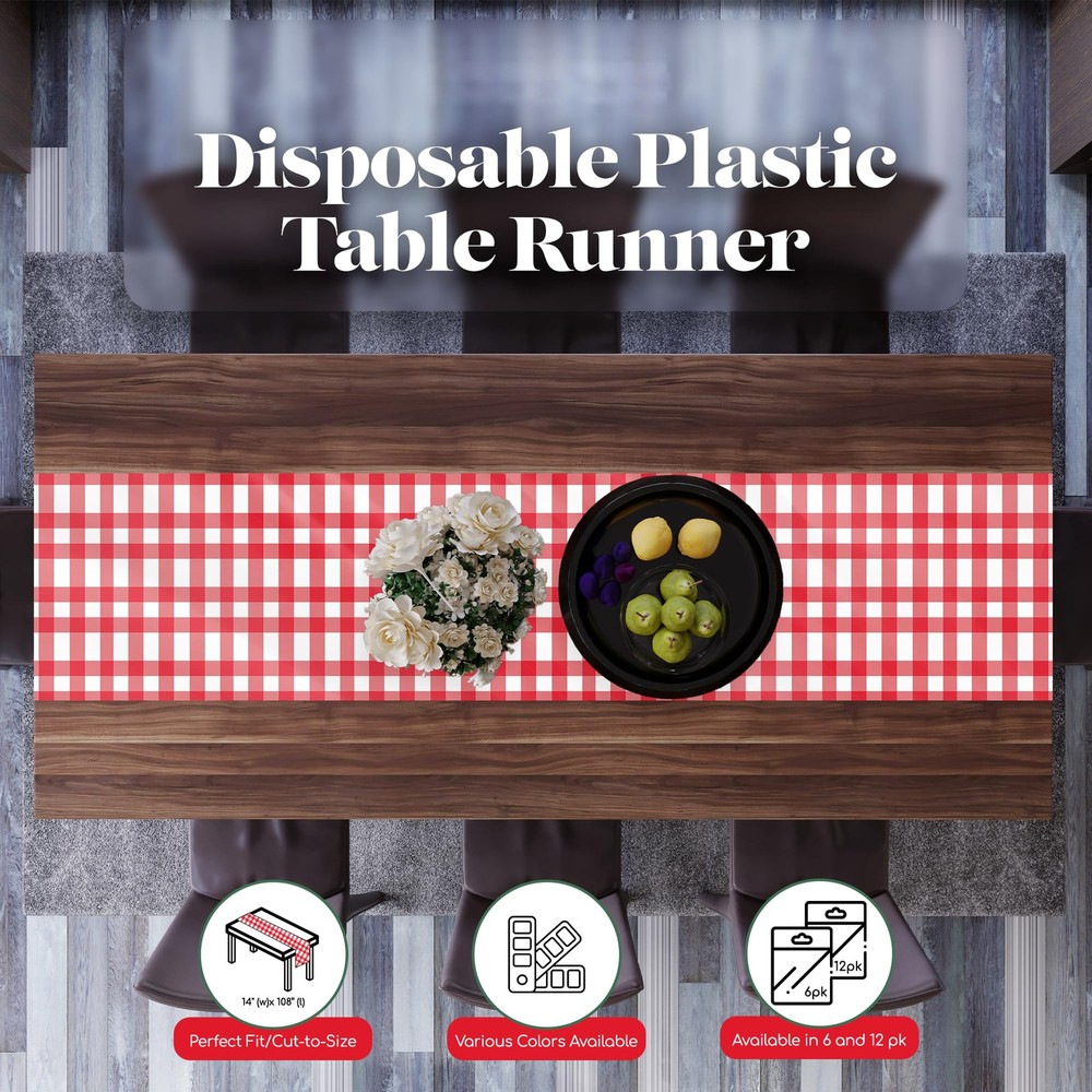 Checkered Table Runner, 6PCS Disposable Plastic, 14x108Inch, Red