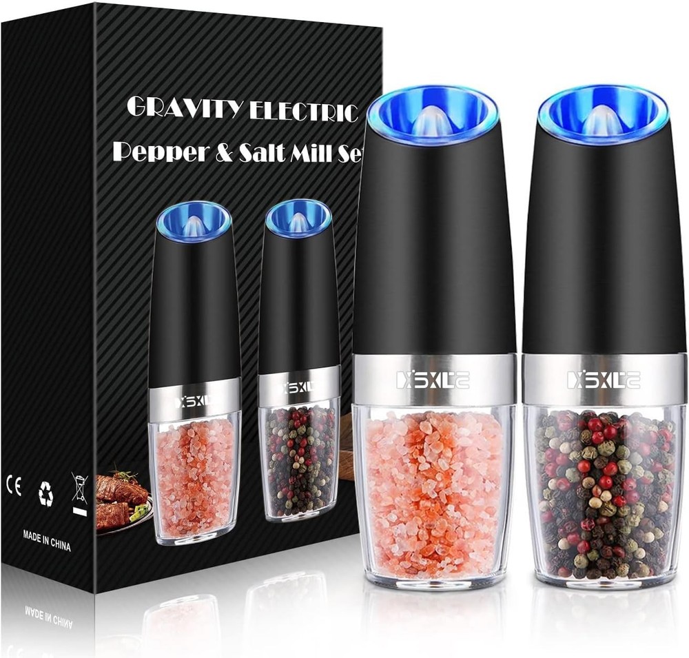 Electric Salt Pepper Grinder Set Gravity Auto Adjustable LED Battery 2Pack