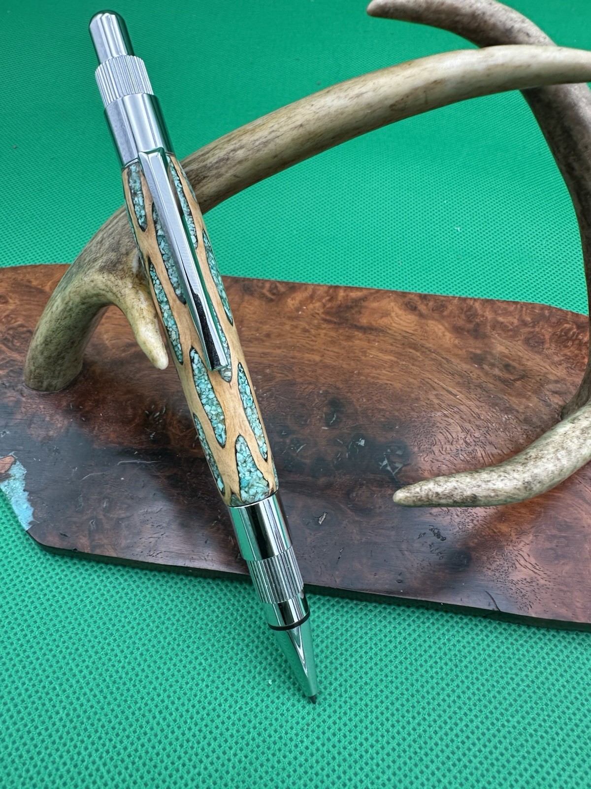 Hand Turned Mechanical Stratus Pencil With Cholla Cactus Inlaid Turquoise Chrome