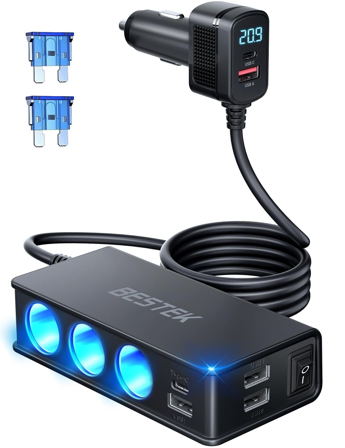 BESTEK 9 in 1 Car Charger 148W 3-Socket PD 30W and QC3.0 18W Charging Ports LED