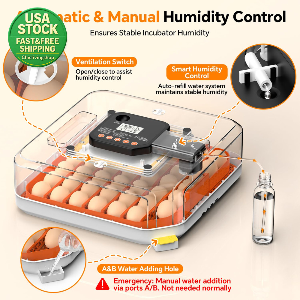 48 Egg Incubator Automatic Turner Digital Temp Humidity Control with Egg Candler