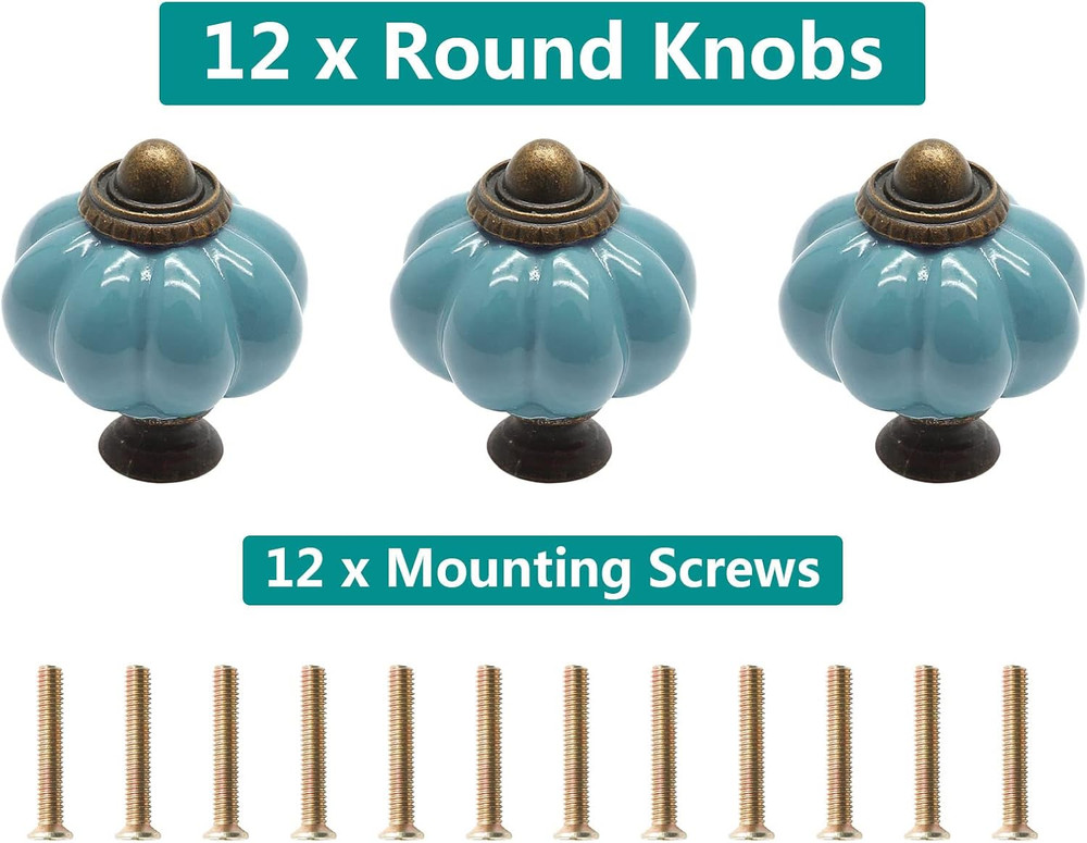 12Pcs Celadon Pumpkin Knobs, Vintage Ceramic Cabinet Knobs, Dresser Drawer Door