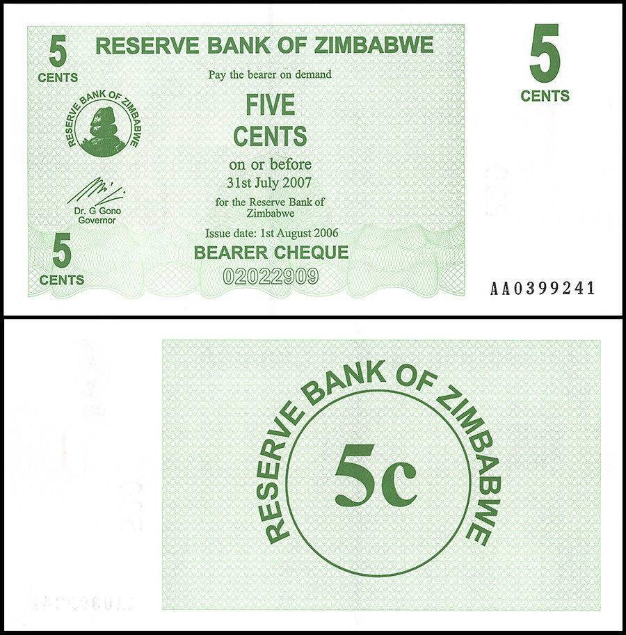 Zimbabwe 5 Cent Bearer Cheque, 2006, P-34, UNC