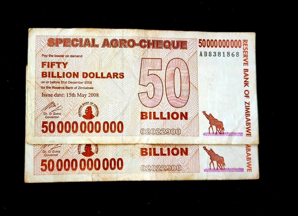 2 pcs x Zimbabwe 50 Billion dollar agro cheque banknotes