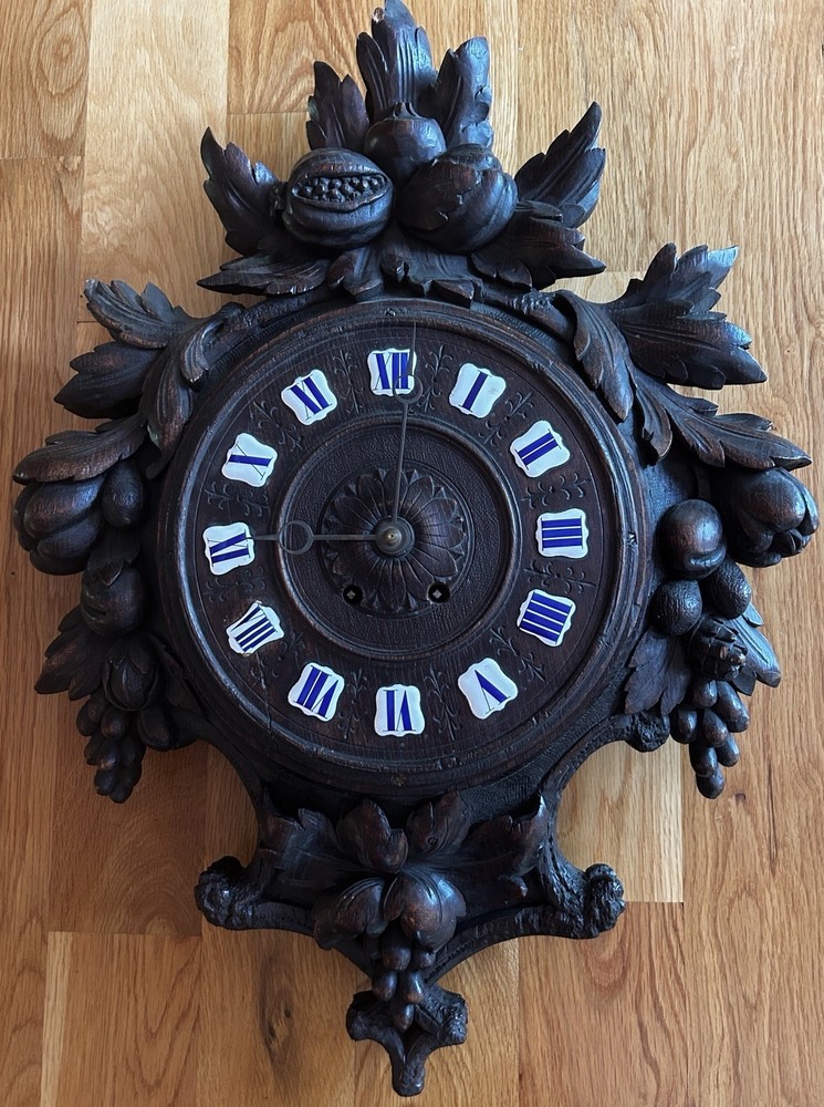 LARGE BLACK FOREST wood carving wall clock nuts/berrys theme, MISSING Pendulum