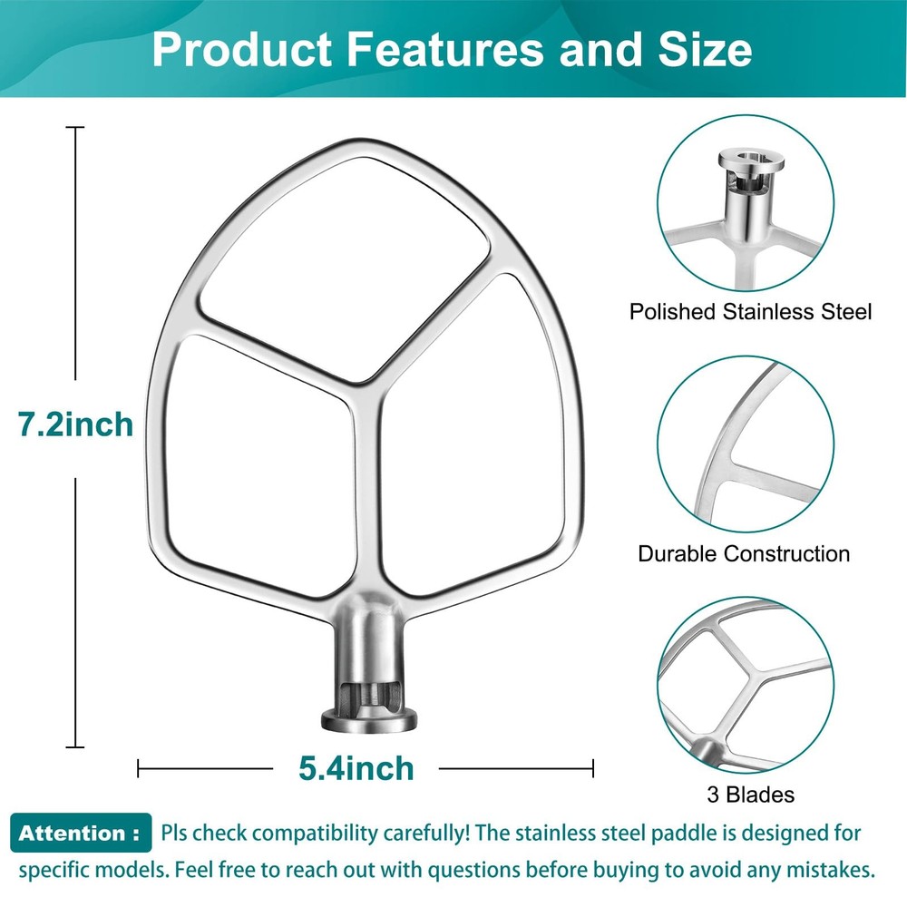 Flat Beater Compatible with KitchenAid 5-6 Quart 6QT Beater, Silver