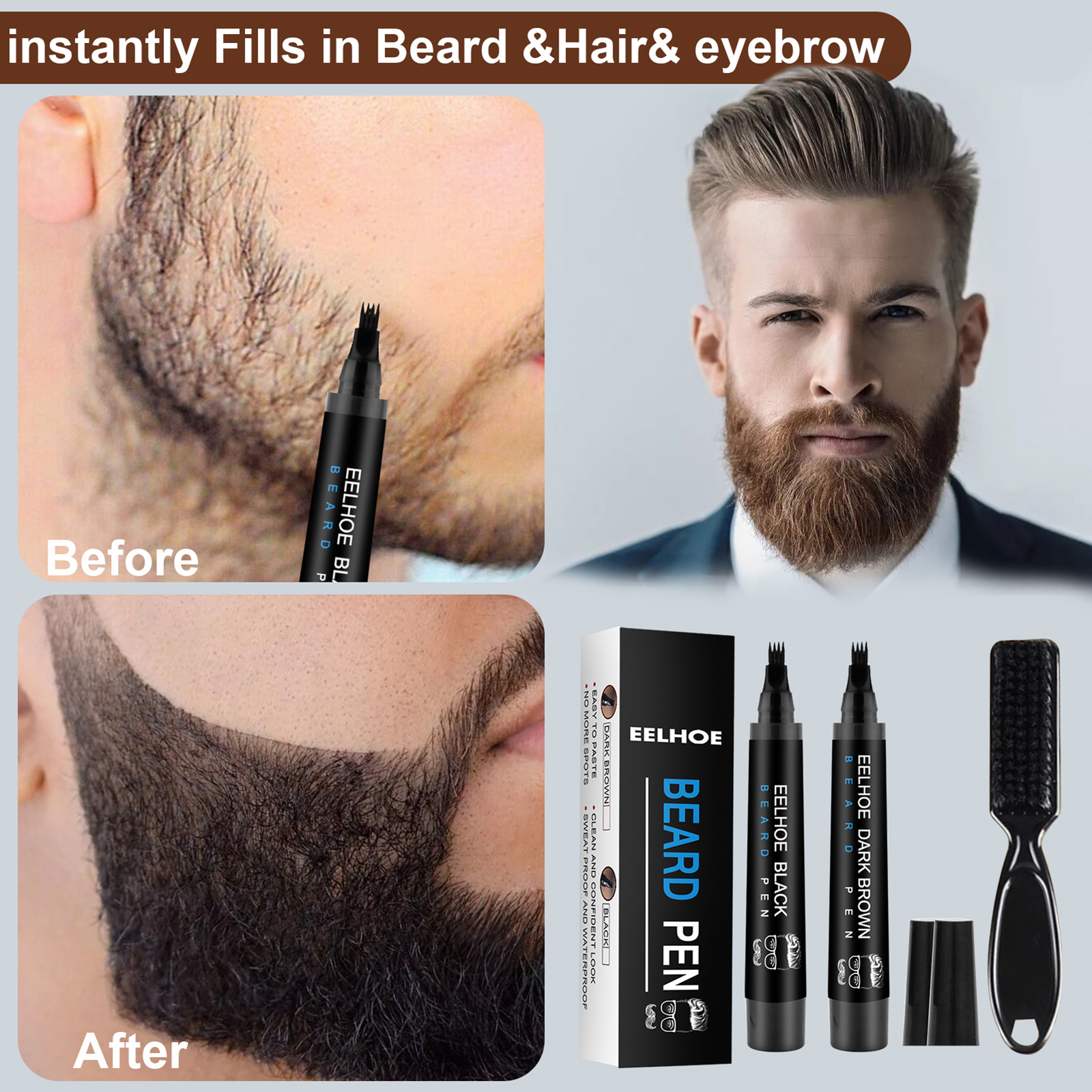 2× Waterproof Beard Pencil Filler Long Last Hair Grower Moustache Eyebrow +Brush