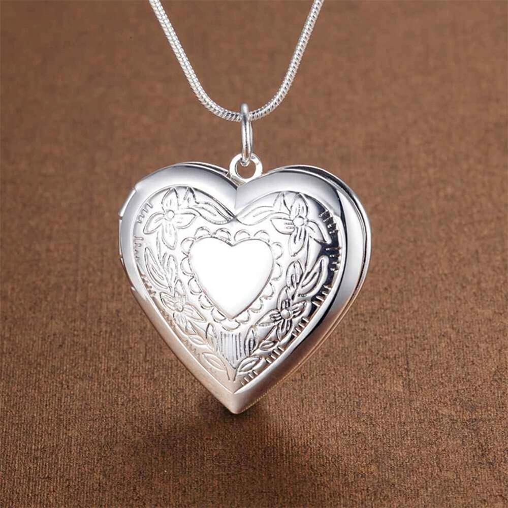 925 Sterling Silver Plated Heart Necklace, Locket Photo Picture Pendant 18" N1