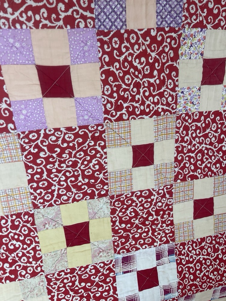 Vintage Red Calico Feedsack Patchwork Quilt Blanket Nine Patch 1900s Beautiful