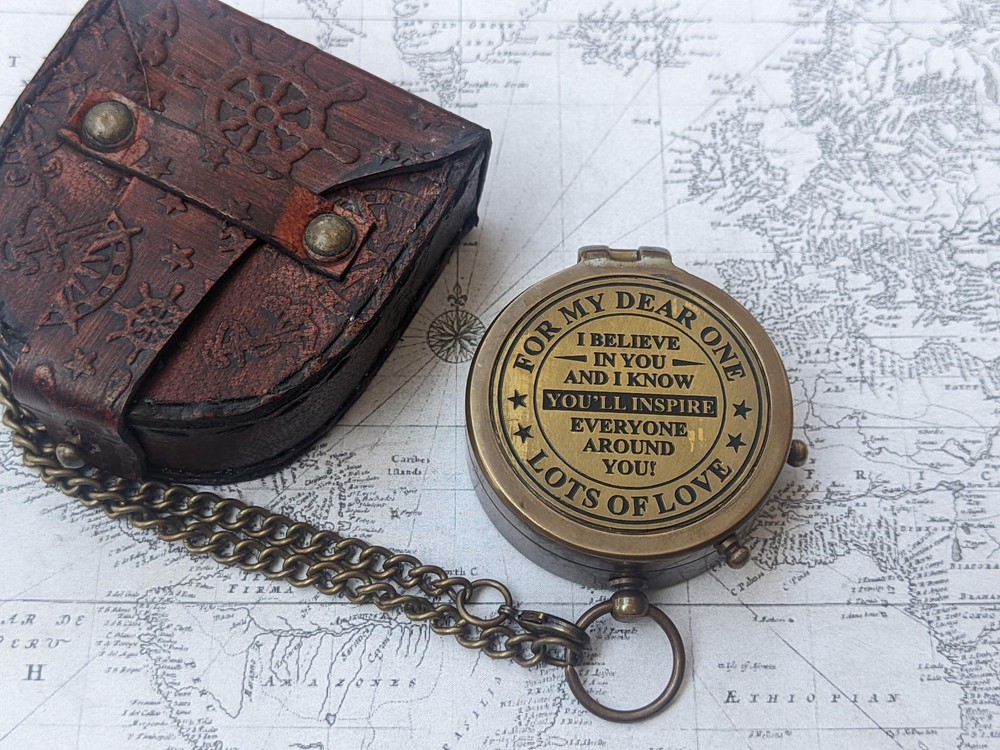 Personalized Brass Compass Locket | Vintage Style, Leather Case