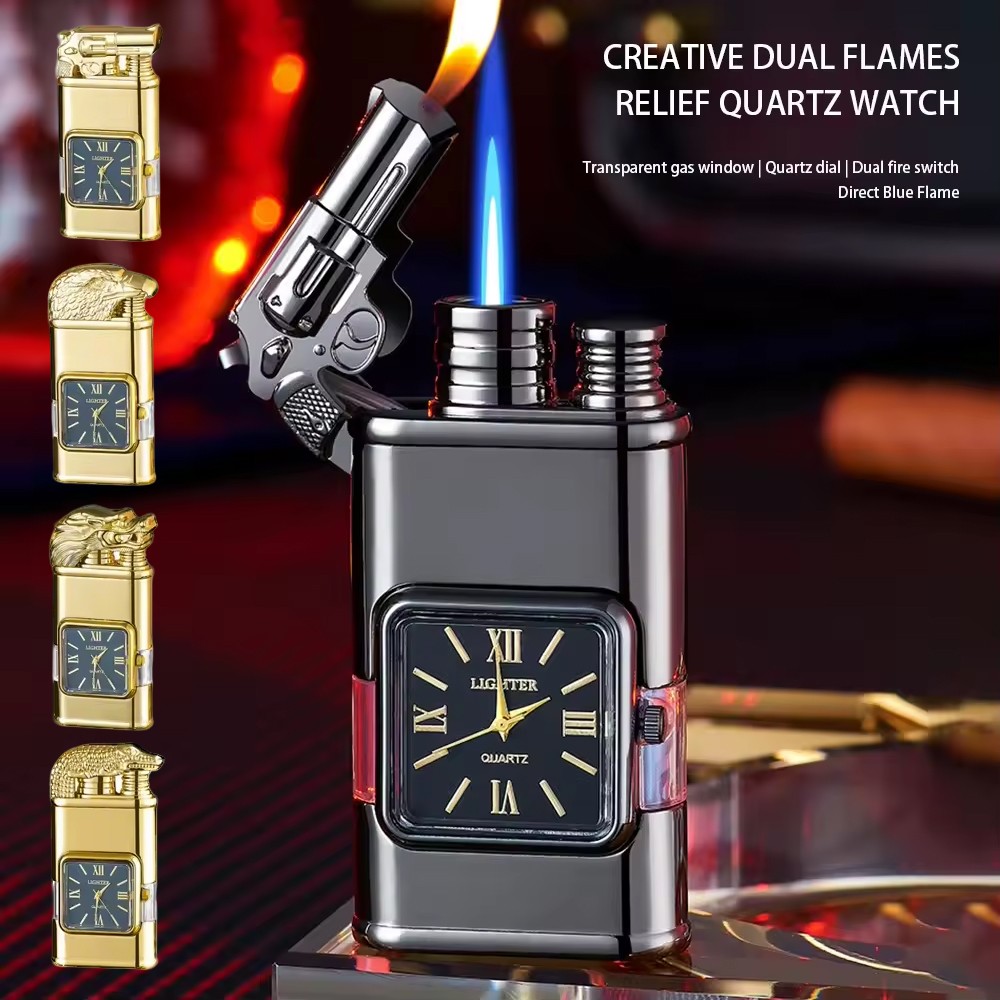 Windproof Dual Flame + Watch Lighter Adjustable Flame Torch Refillable Butane