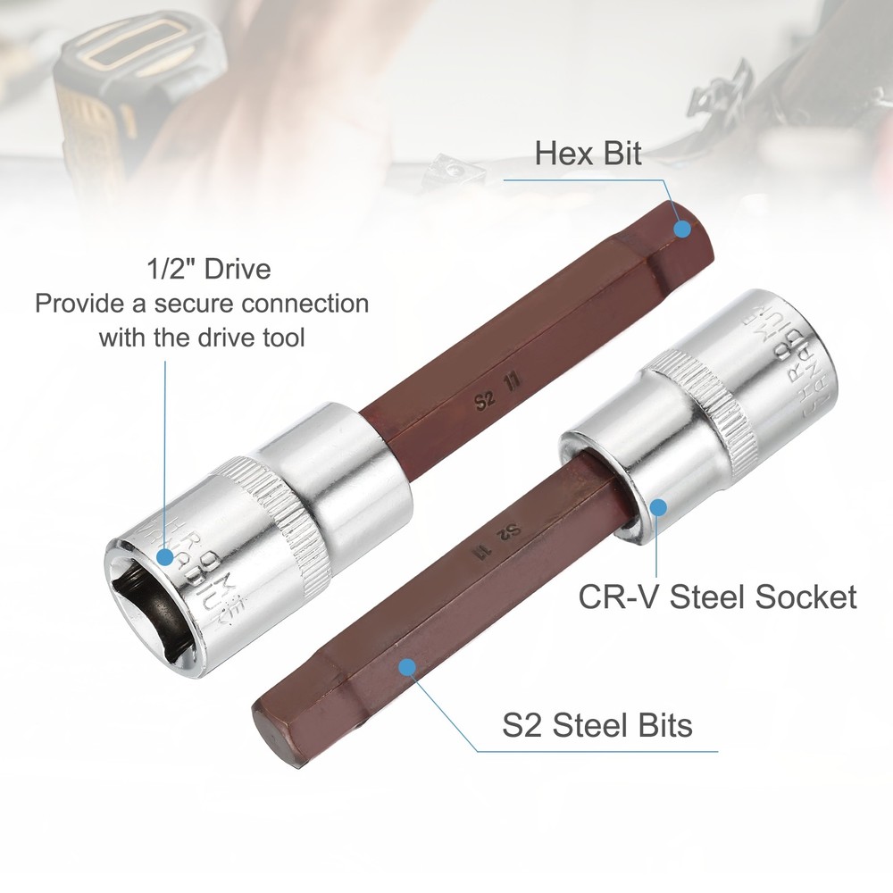 2Pcs Hex Bit Socket H11 1/2" Drive 4" Length S2 Steel Long Bit CR-V Socket