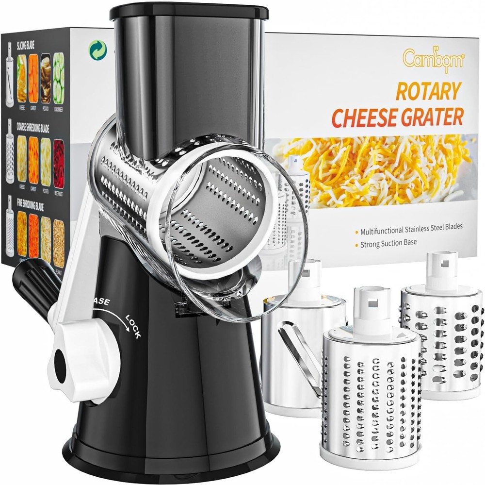 Three-Blade Hand Crank Cheese Grater with Non-Slip Base for Kitchen Efficiency