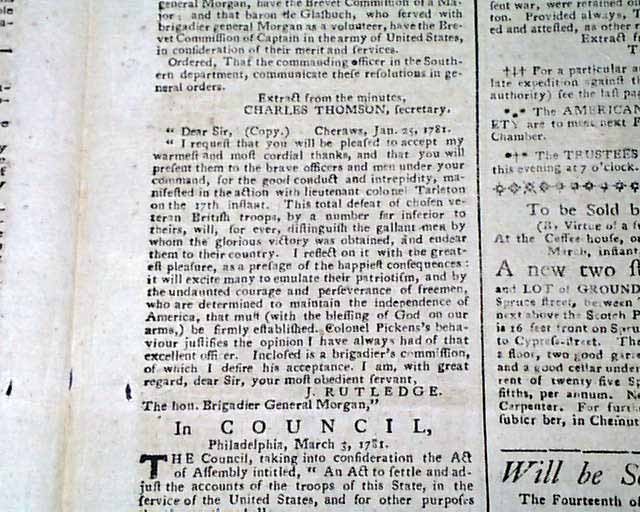 AMERICAN REVOLUTIONARY WAR Benedict Arnold John Andre Cowpens SC 1781 Newspaper