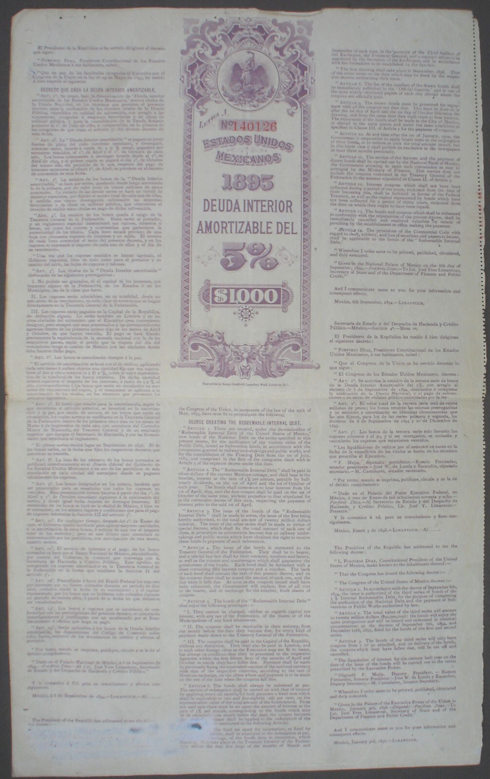 Mexico ESTADOS UNIDOS MEXICANOS BOND 5% Deuda Interior 1000$ =£200 1898 uncanc.