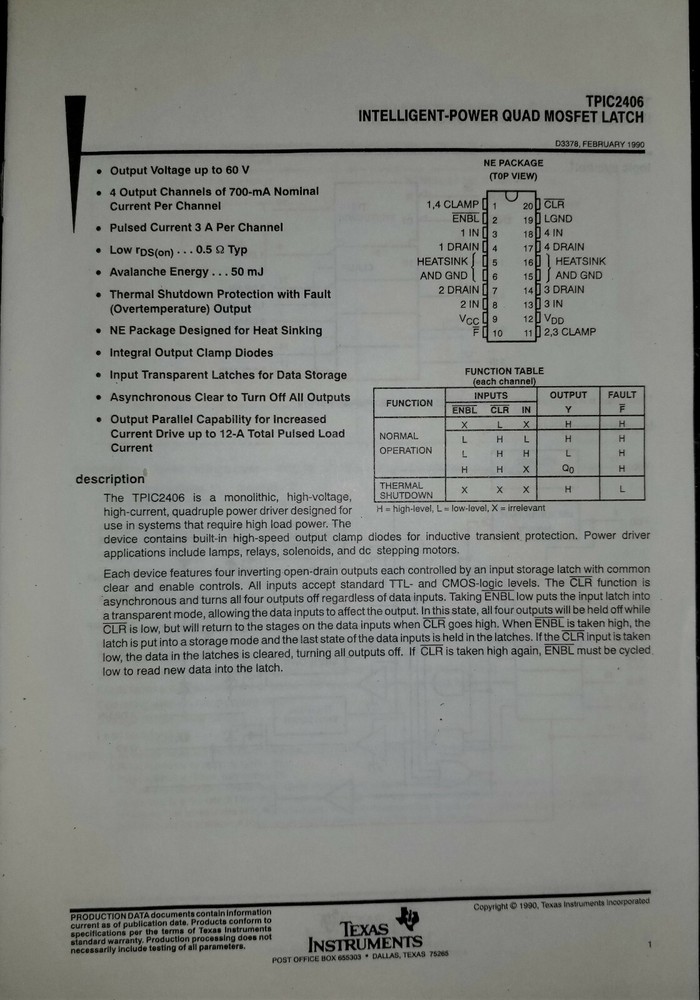 1991 Texas Instruments TPIC2406 Quad MOSFET Latch Data Sheet & Sample Card IC